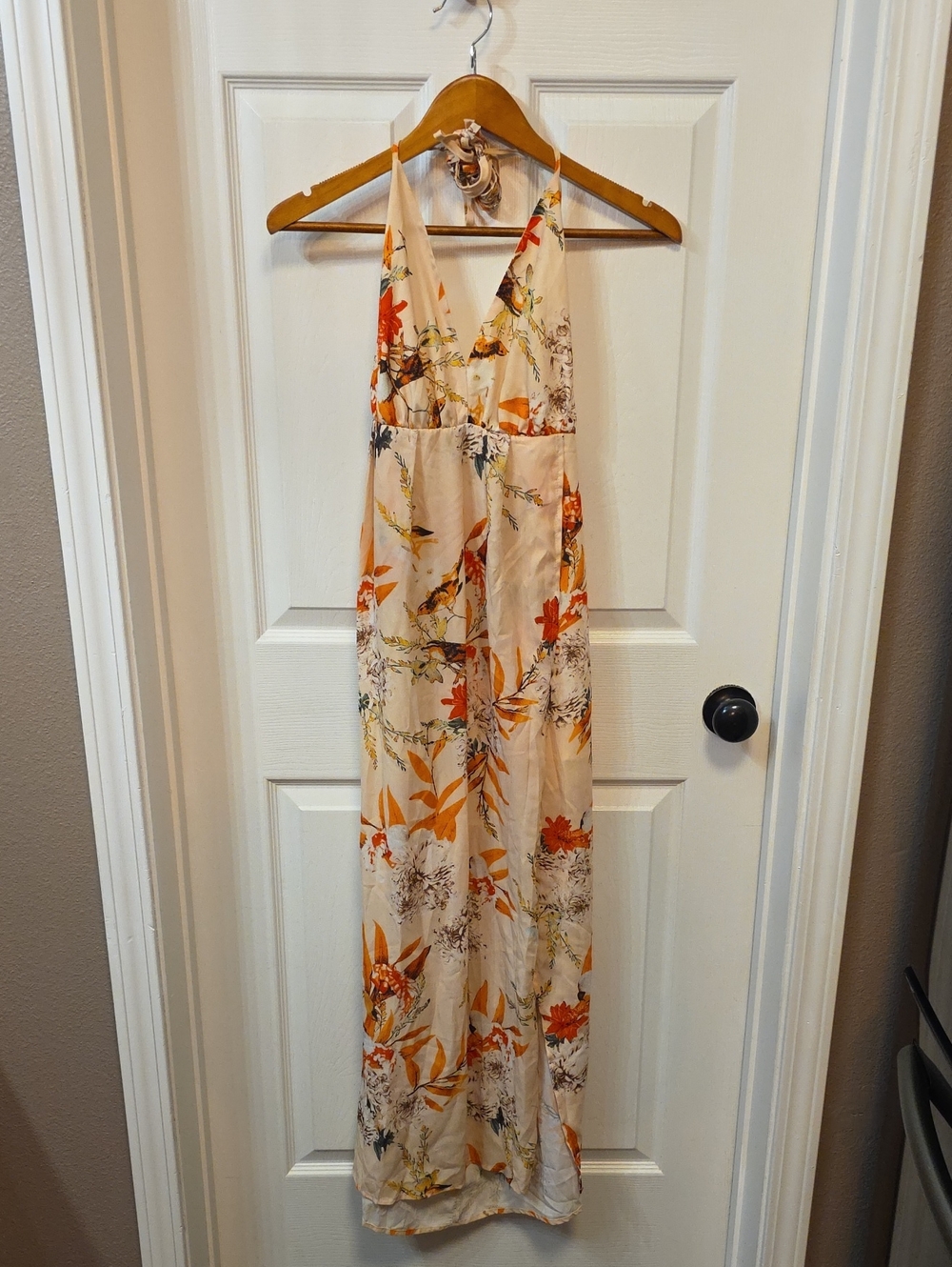 Simplee Apparel Beige Floral Halter Maxi Dress with Orange Accents